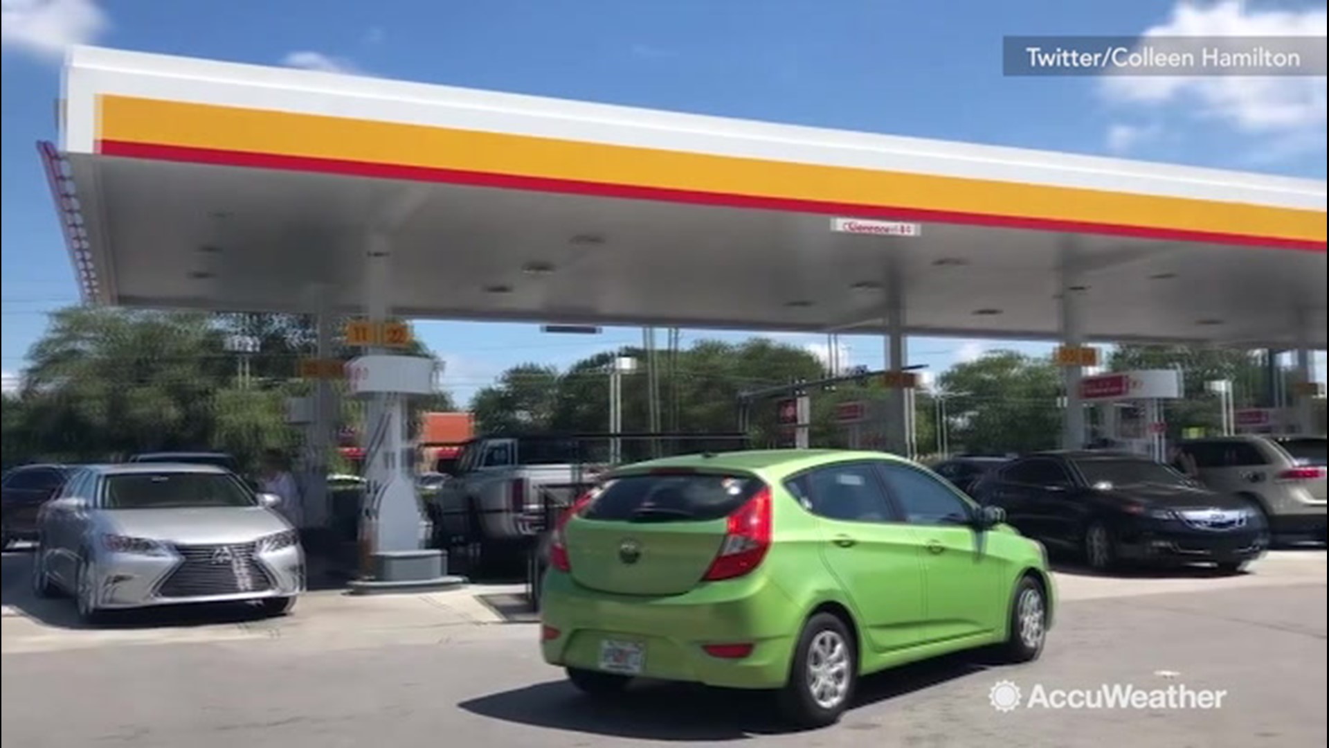It's a frantic scene at this gas station in Dunedin, Florida, on Aug. 29, as people rush to stock up on gas to evacuate out of the path of Hurricane Dorian.