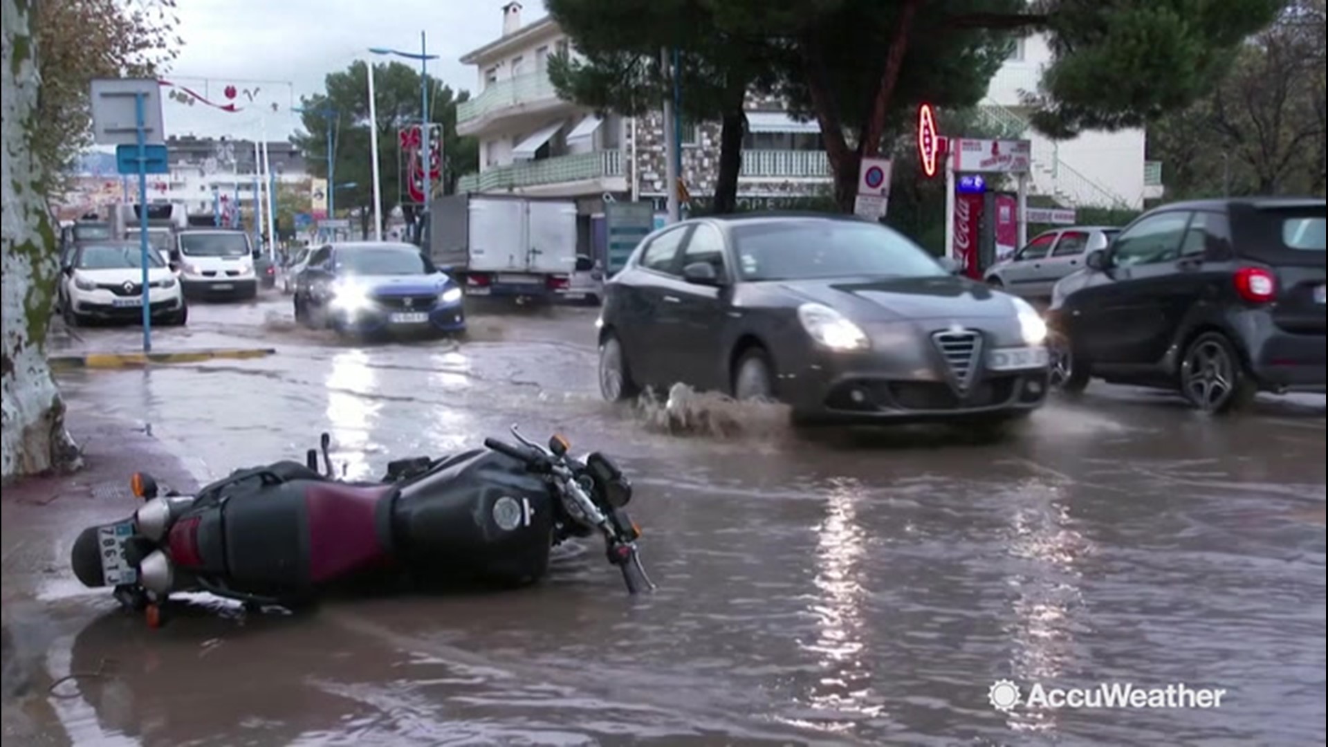 Heavy rain triggered damaging flooding in Mandelieu-la-Napole, France, submerging streets in water and mud and filling shops and homes with water on Dec. 2.
