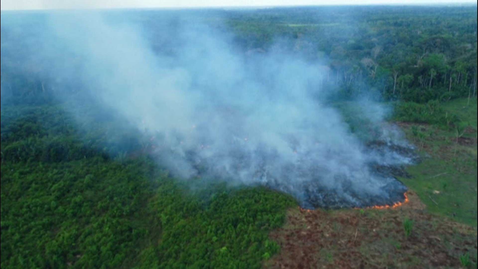 Aerial footage captured on Aug. 4, near Careiro, Brazil, shows wildfires raging in the Amazon rainforest. Wildfires were up about 28 percent in the forest this past July.