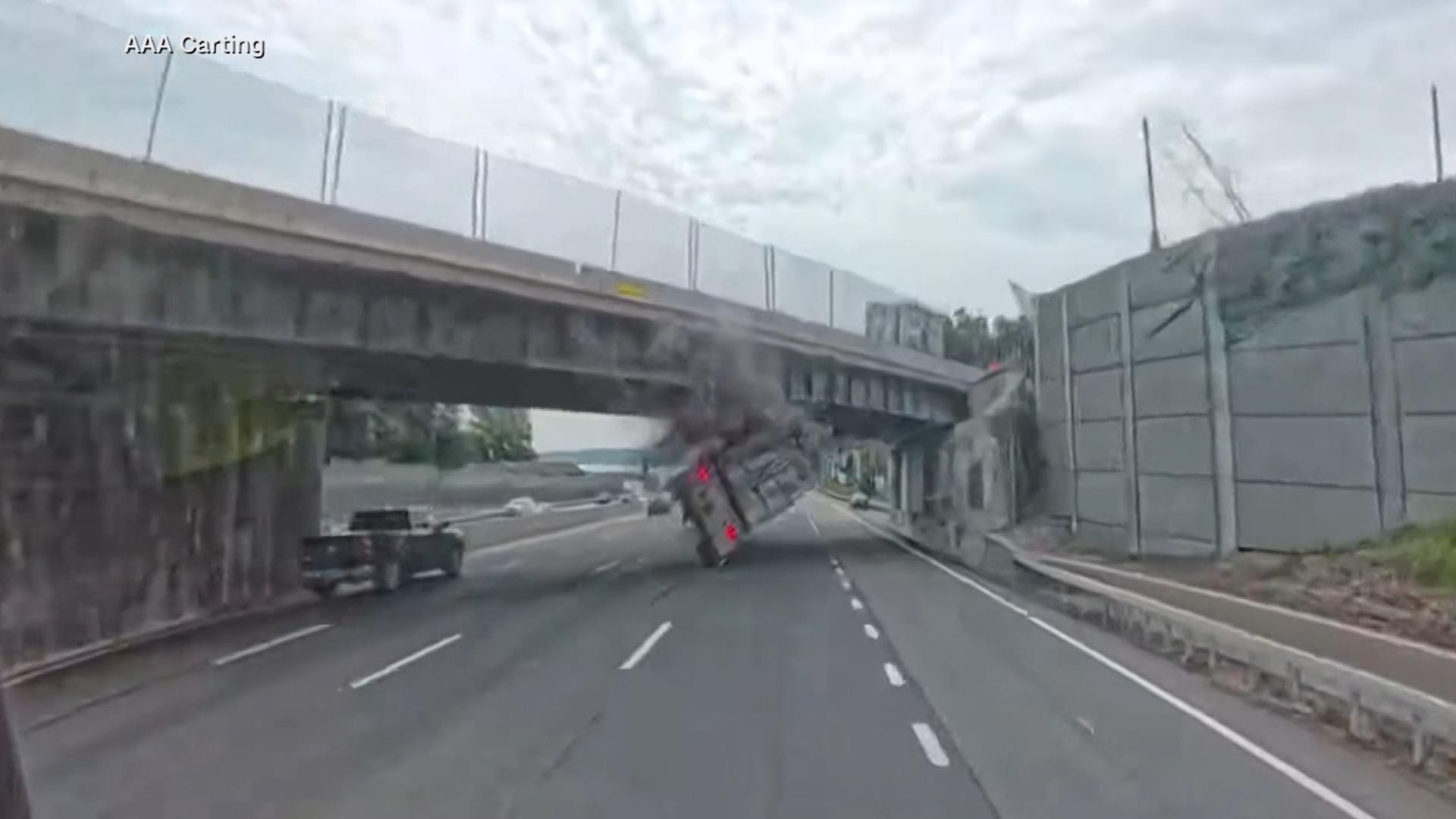 Dashcam video captures semitrailer hitting New York overpass