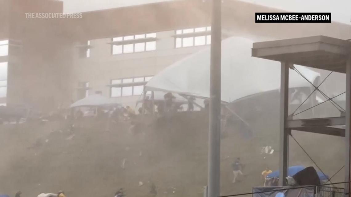 WATCH: Strong wind at NCAA baseball tournament in West Virginia sends 5 people to the hospital