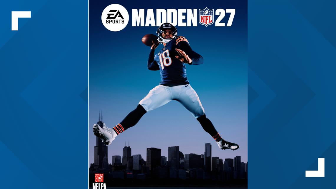 Caleb Williams strikes a jump-throw pose for 'Madden NFL 27' cover
