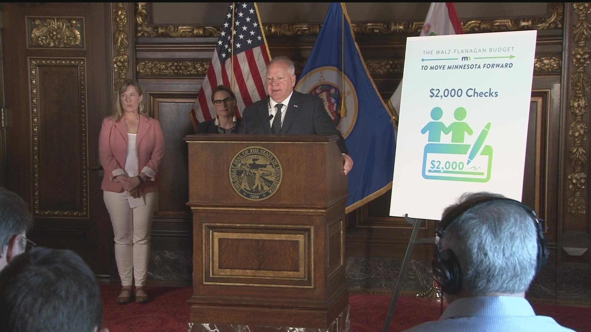 House Speaker Melissa Hortman was on hand for Walz's new plan which calls for $2,000 to joint filers, and $1,000 to single filers.