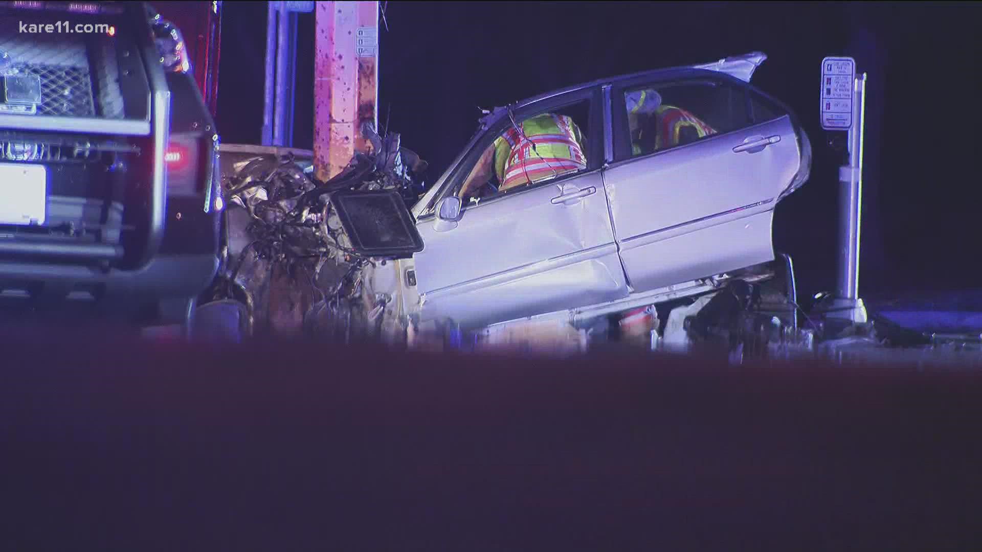 Minnesota State Patrol says a driver was going too fast when they hit a pole and sheared their car in half.