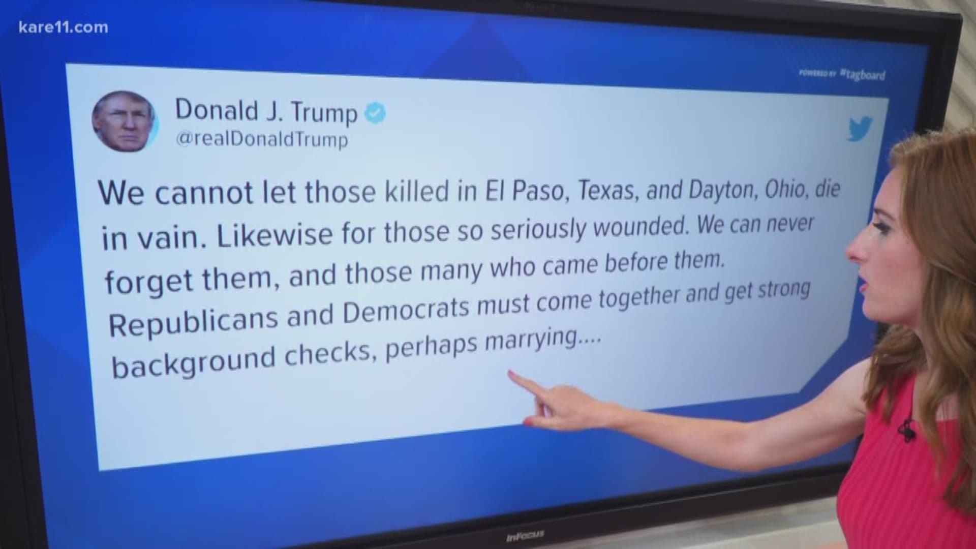 President Trump, Sen. Amy Klobuchar, and many other lawmakers are reacting to two mass shootings that killed 29 people over the weekend. https://kare11.tv/2YqaPSV