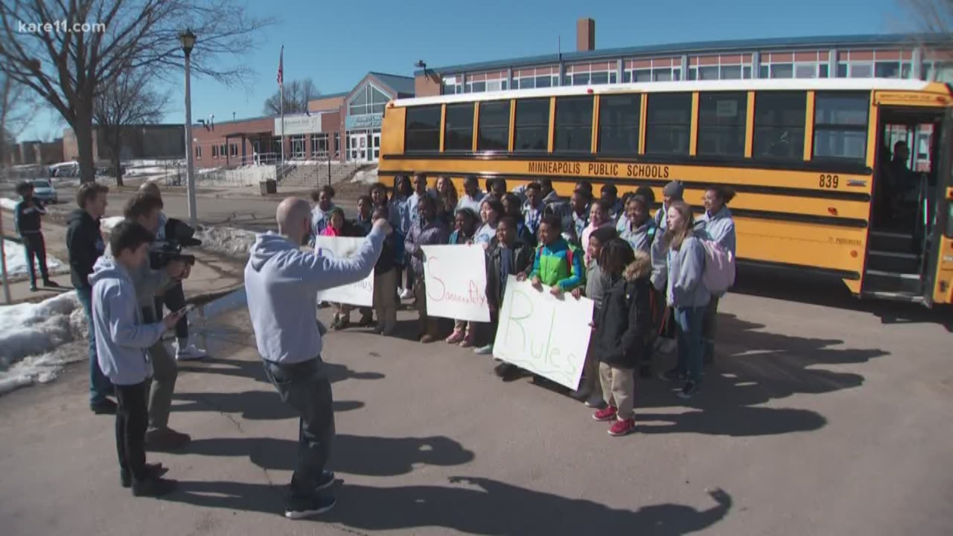 Minneapolis students make a video safety message about school buses.