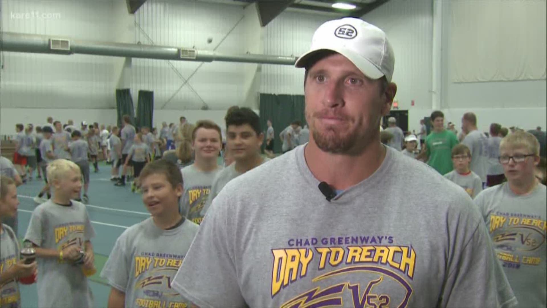 Chad Greenway talks about his football camp in Hutchinson on Thursday