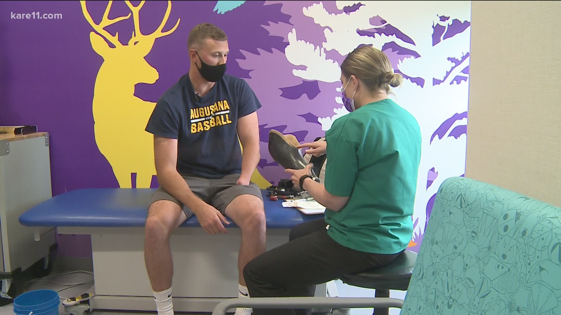 Parker Hanson, a former pitcher at Augustana University in South Dakota, was was fitted for a new prosthetic arm on Friday at Shiners Children's in Woodbury