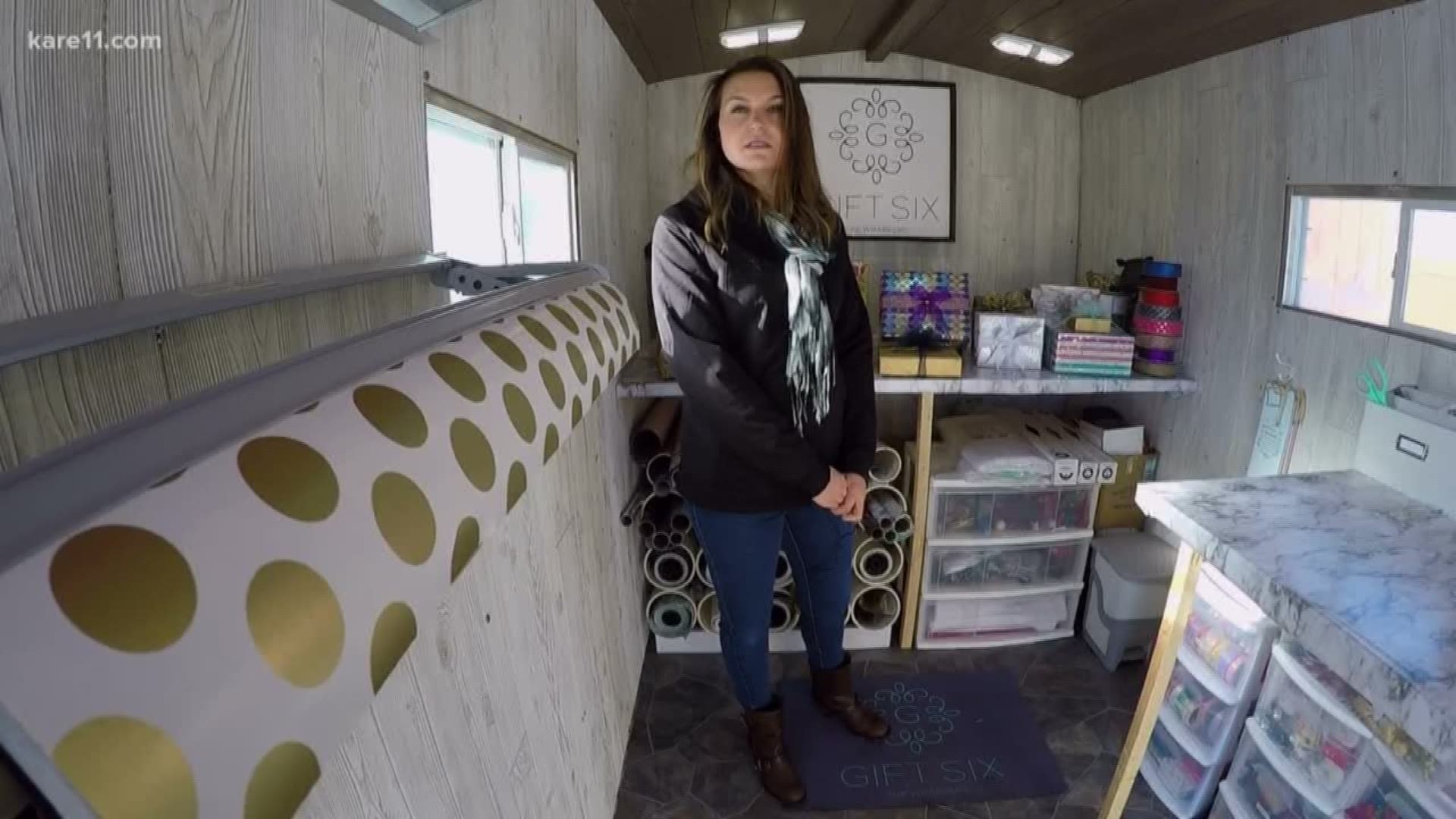 Andrea Loth's office is 6 feet wide, 12 feet long and mobile. Known as "The Wrappery," Loth's office is an ice fishing trailer that's been turned into a gift wrapping-mobile. https://kare11.tv/2ORR1hF
