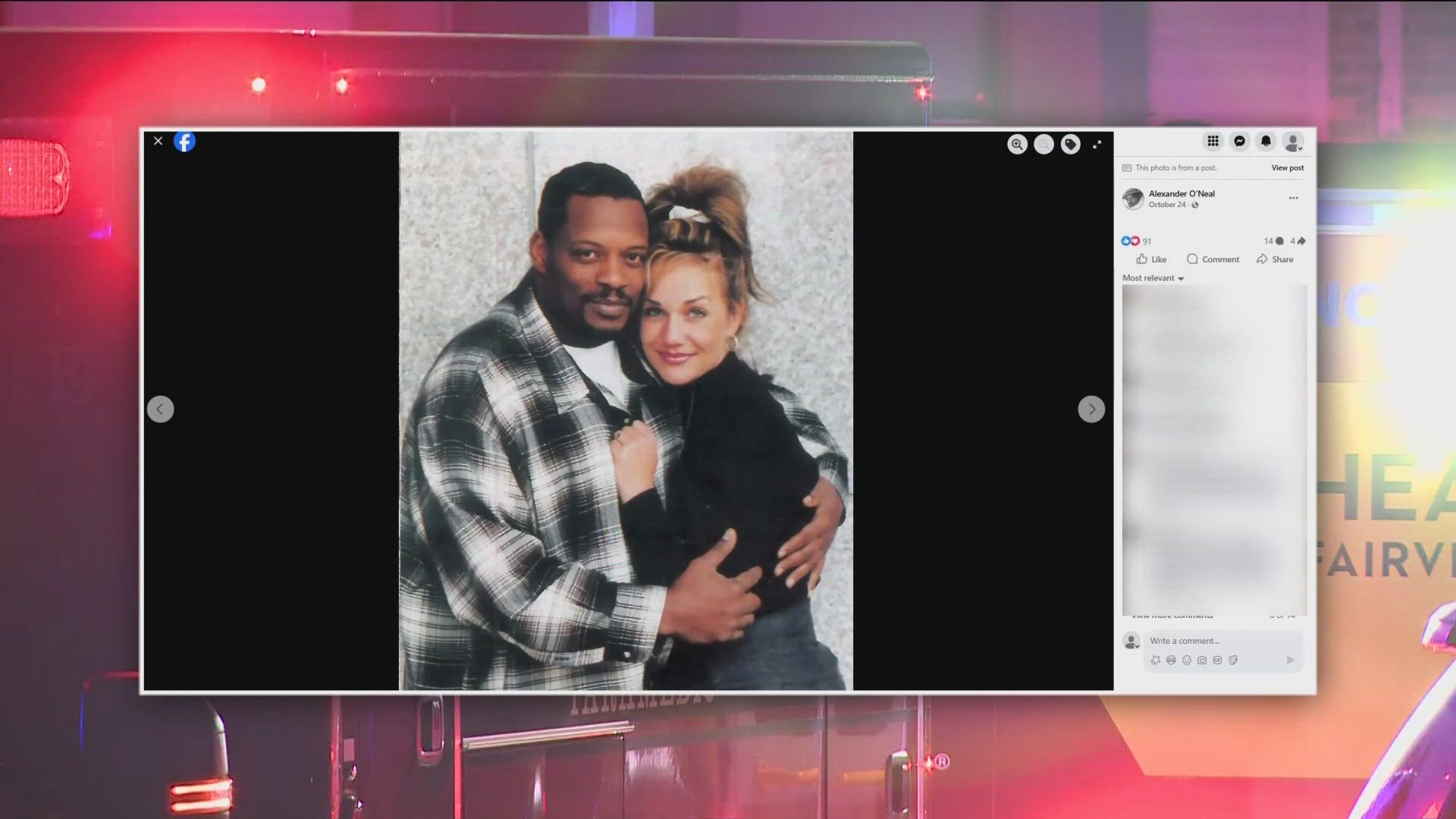 A neighbor said Alexander O'Neil and his wife Cynthia were taken to the hospital after an apartment fire early Friday morning. 