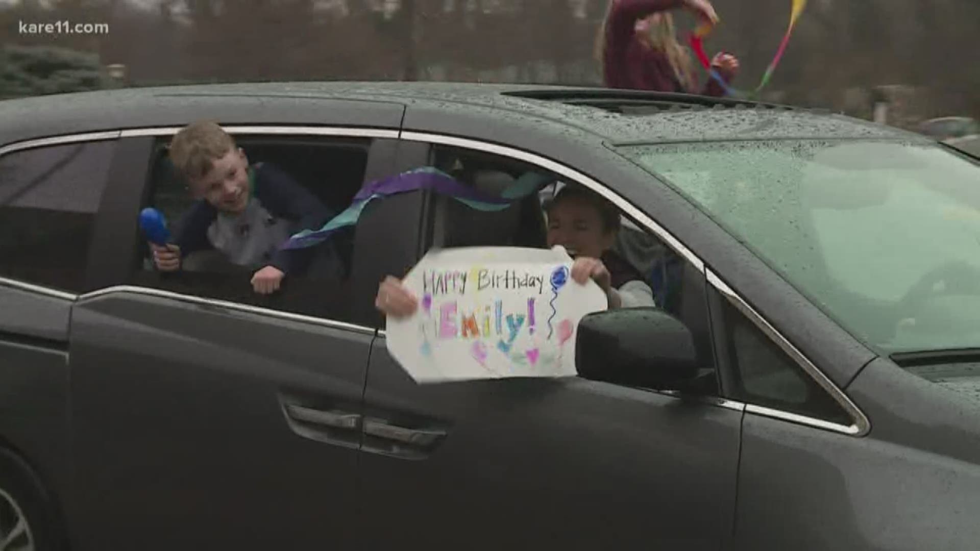 Emily Rohla, a beloved teacher at St. Therese in Wayzata was surprised by a parade of cars filled with friends, coworkers and students for her birthday.