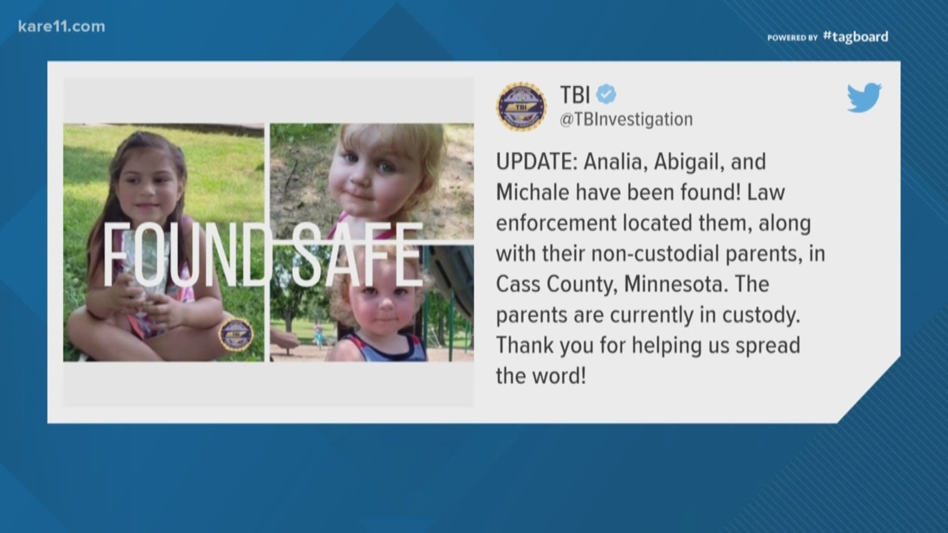 Tennessee authorities say three young siblings reported missing have been found safe in Minnesota. A tweet from the Tennessee Bureau of Investigations early Friday morning confirmed the news. https://kare11.tv/2NSseix
