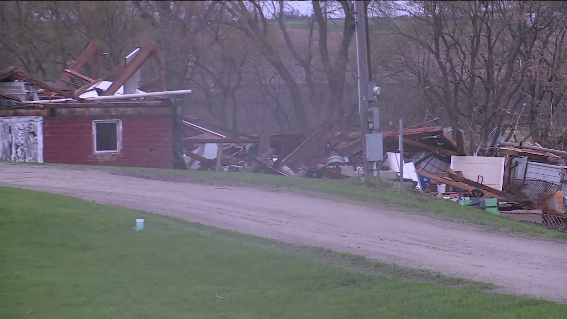 The storm flung debris, uprooted trees and leveled a barn. 