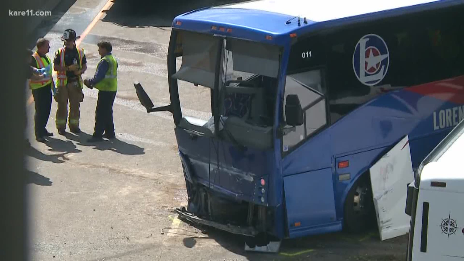 Eight people were taken to the hospital after two tour buses collided near Larpenteur Avenue.