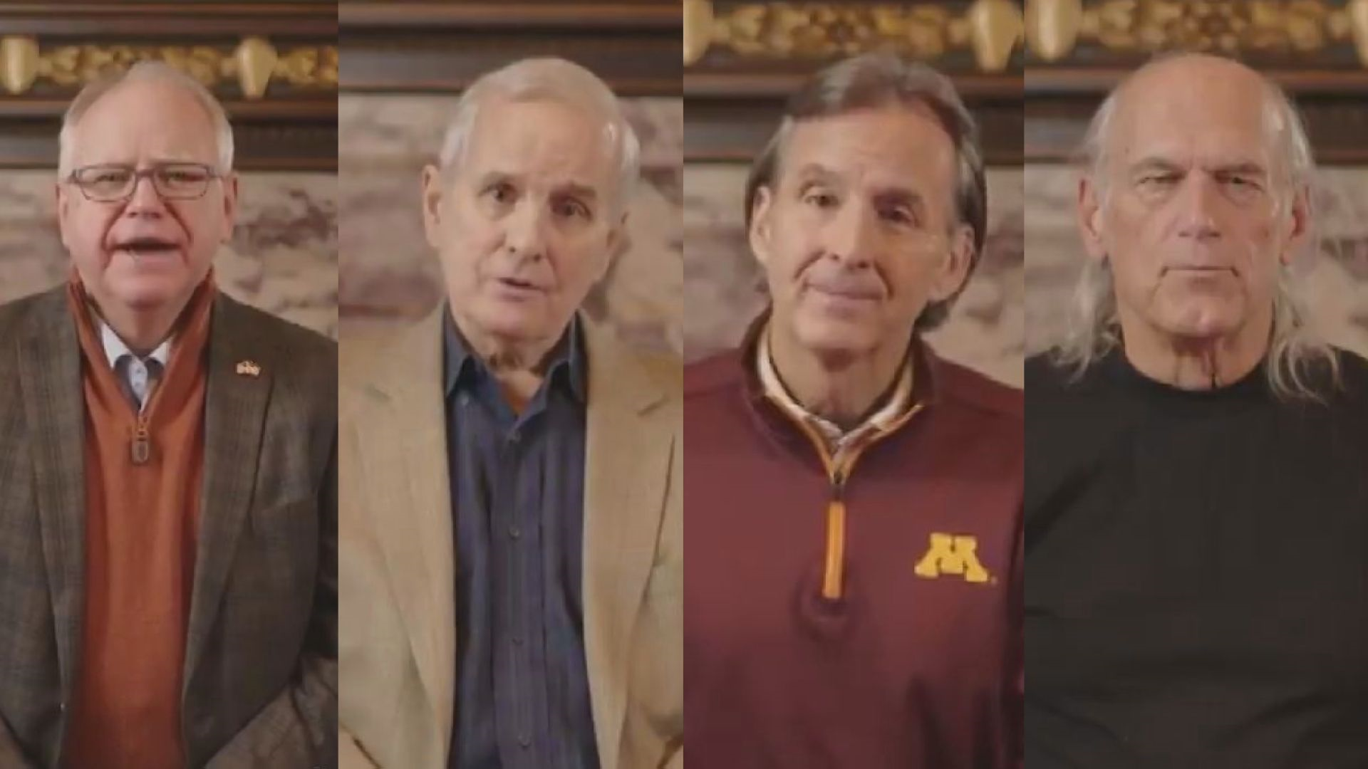 Gov. Tim Walz is joined by former Govs. Dayton, Pawlenty and Ventura in the non-partisan public service announcement.