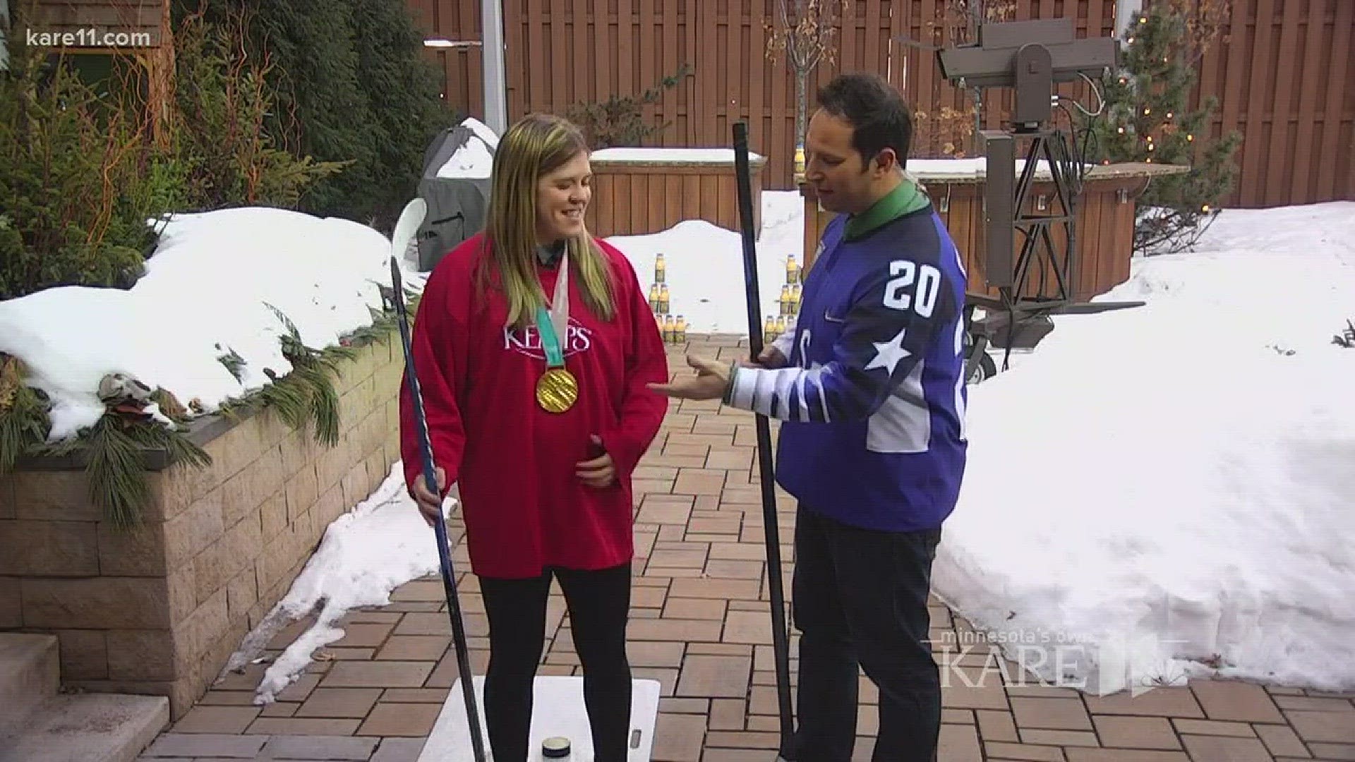 Dave Schwartz and Olympic gold medalist Hannah Brandt go head to head in a hockey shoot out.