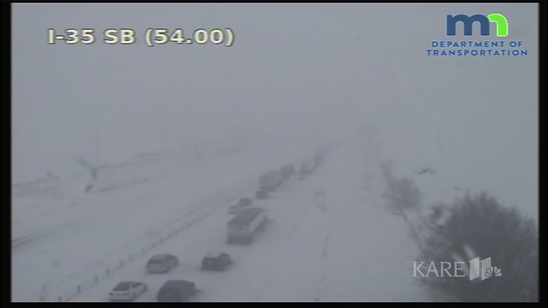 Traffic slowed to a standstill on I-35 between Medford and Faribault Wednesday due to crashes caused by heavy snow. (Video: MnDOT Traffic Cam)