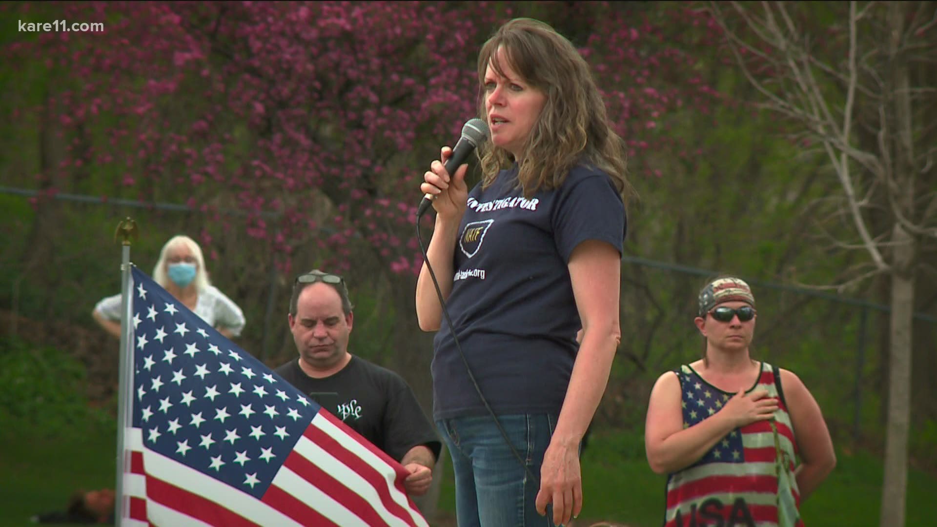 Lisa Hanson spoke during the "Stand for Liberty" rally in Albert Lea Saturday afternoon. The event raised money for her legal fund.