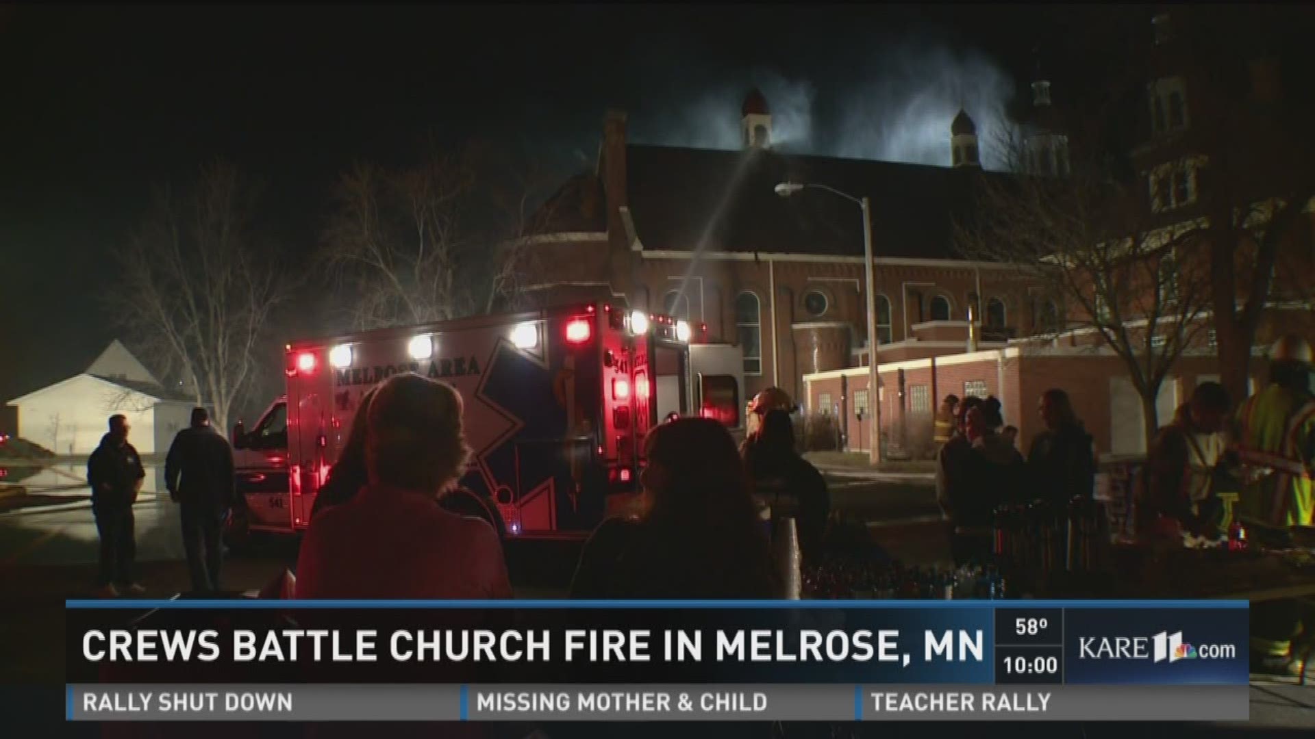 Crews battle church fire in Melrose, MN.
