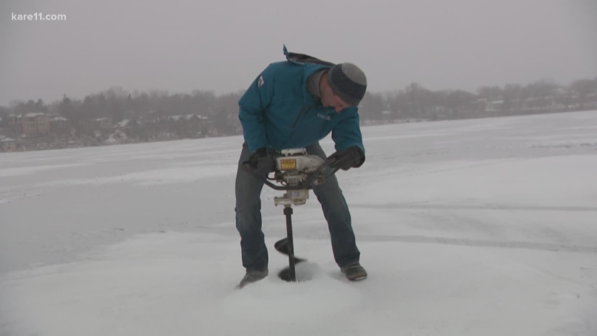 Kris Laudien braves the frigid temperatures and wicked wind on Lake Owasso for some ice fishing. https://kare11.tv/2GuLkWH