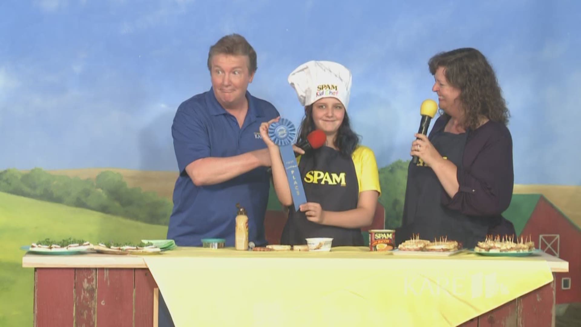 Megan Silmser from Champlin shows off her blue ribbon winning SPAM recipe -- the SPAM breakfast sandwich. Little hint: It's made with something a lot more delicious than bread. http://kare11.tv/2vmmvYq