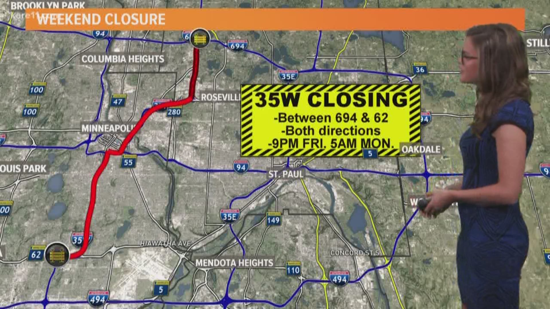 A 15-mile stretch of the major metro thoroughfare will be closed from 9 p.m. Friday, July 27 to 5 a.m. Monday, July 30. And don't worry - we might get to do it all over again next weekend! https://kare11.tv/2LqK5eG