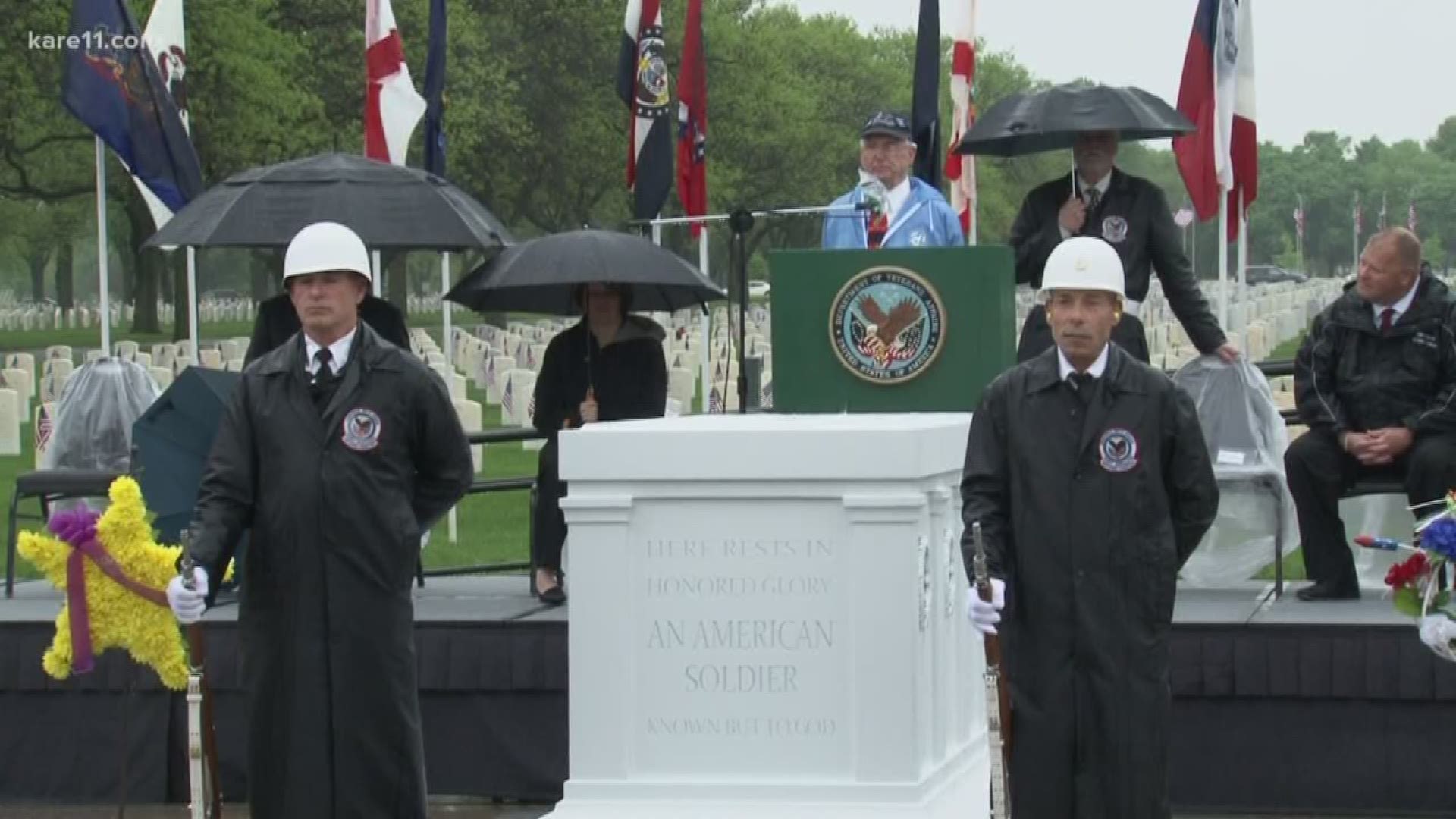 The rain never stopped falling, but that didn't keep people from honoring the sacrifice of fallen heroes on Memorial Day at Fort Snelling National Cemetery.