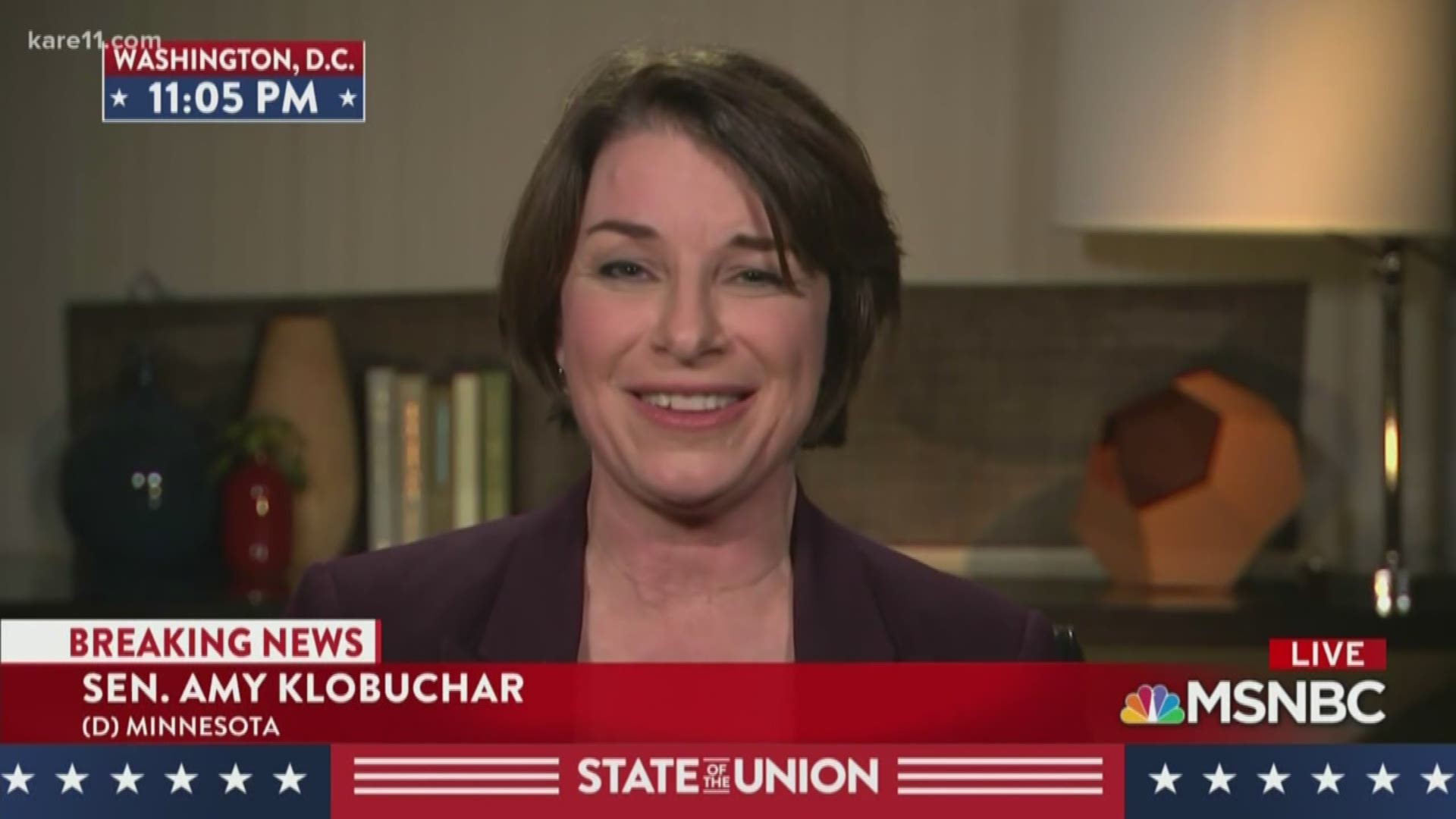 Sen. Amy Klobuchar appeared on MSNBC on Tuesday evening after President Donald Trump’s State of the Union address. Klobuchar said she’ll be making an announcement on Sunday, Feb. 10, about speculation surrounding a potential bid for president. https://kare11.tv/2GfIpSi