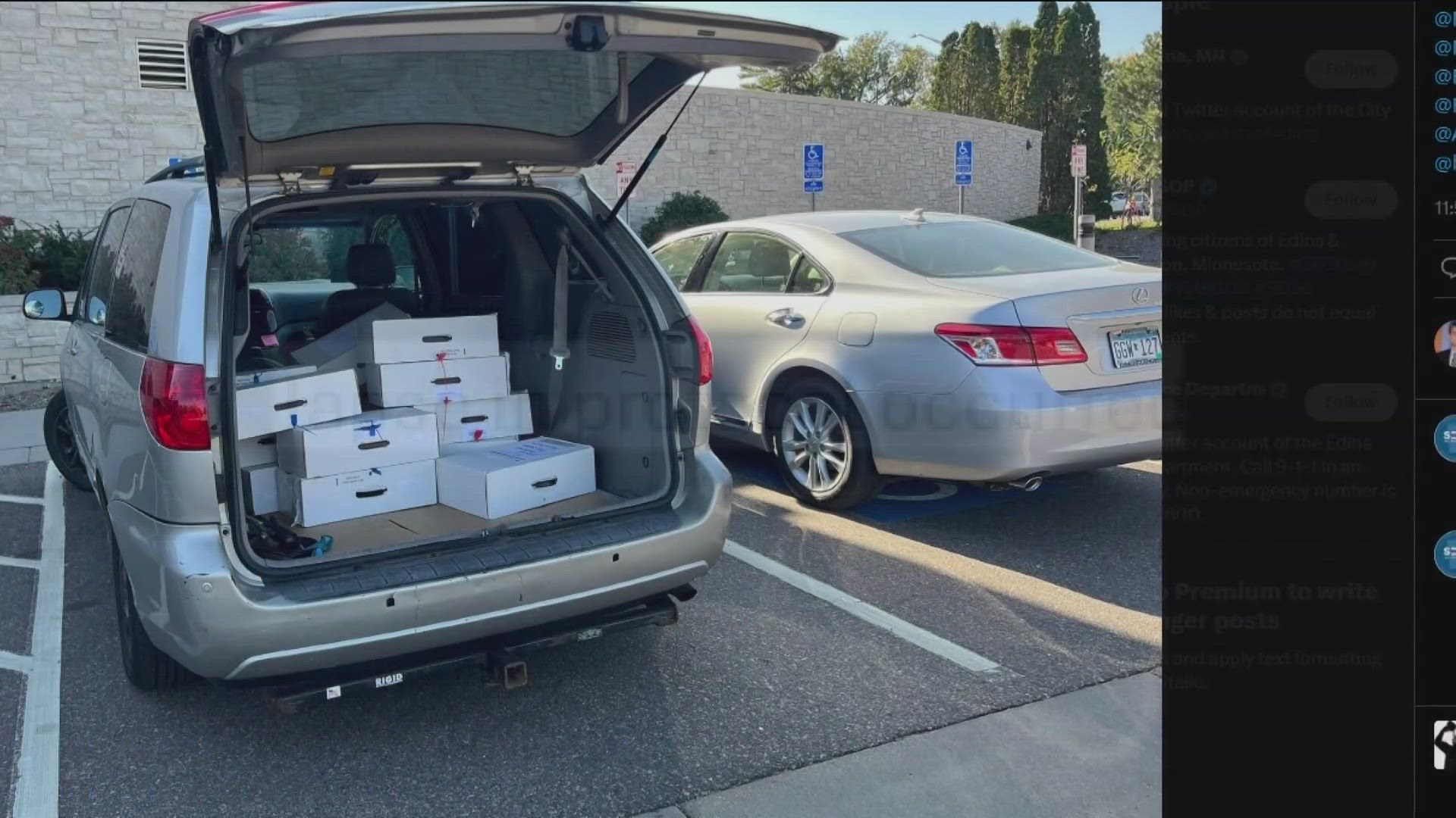 Images from Edina City Hall show an unattended van with a back filled with ballot boxes on Friday, Oct. 18.