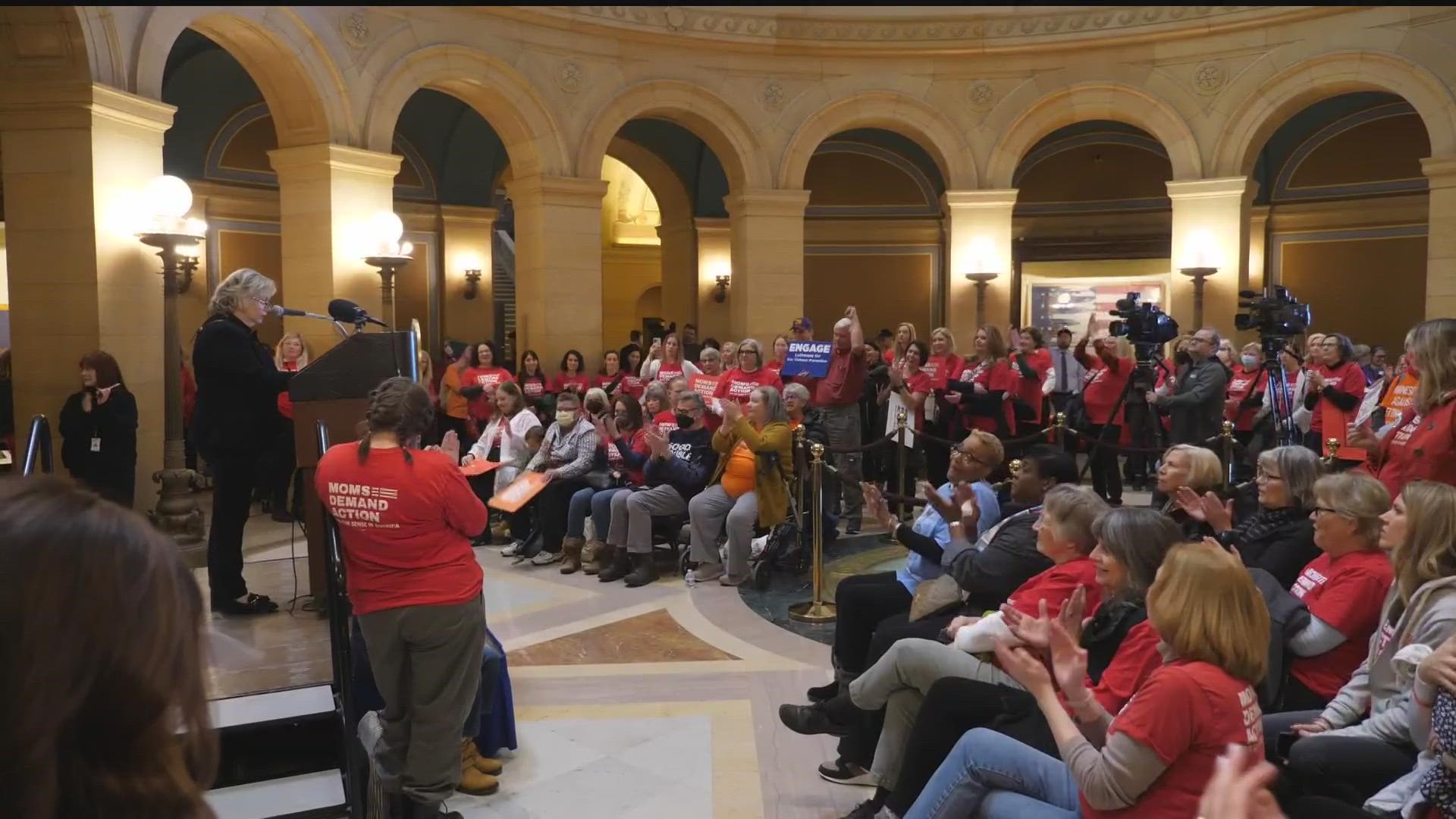 A large crowd rallied in the State Capitol rotunda Thursday afternoon. The group demanded new gun control measures.