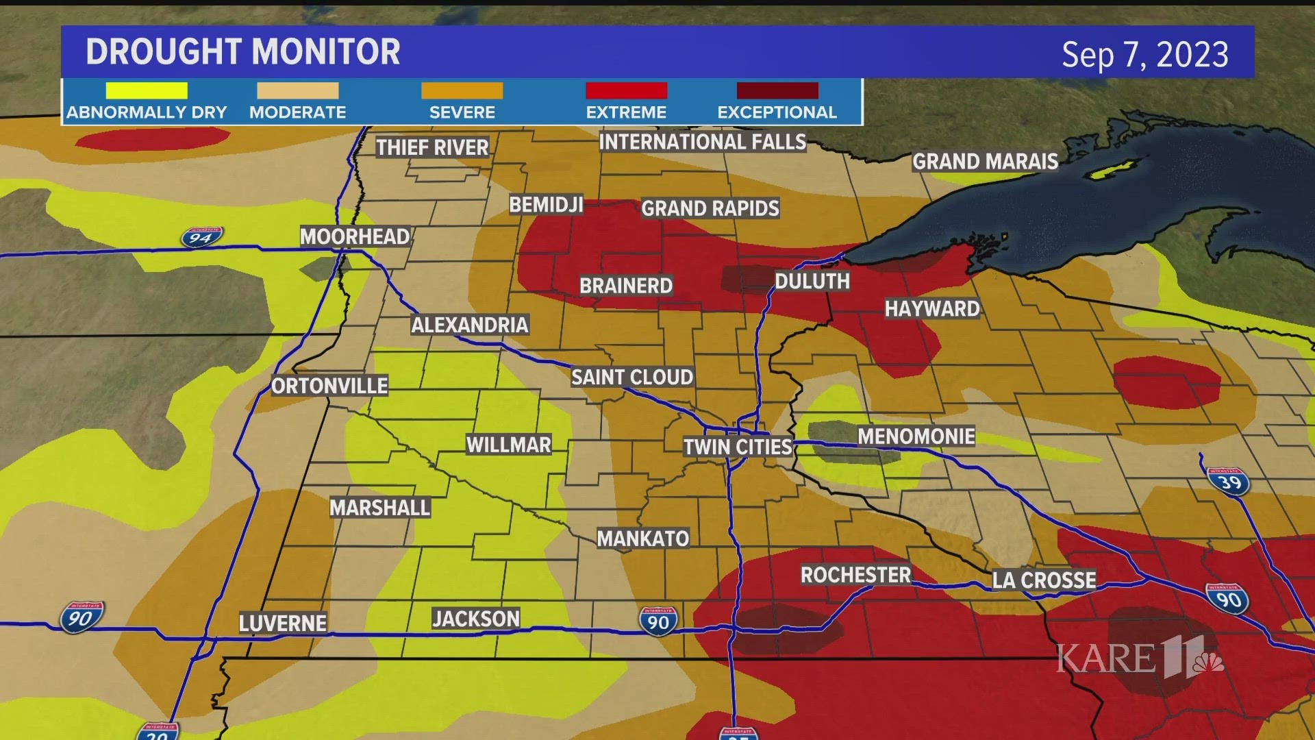 It's the first time this year exceptional drought conditions are being reported in portions of Minnesota.