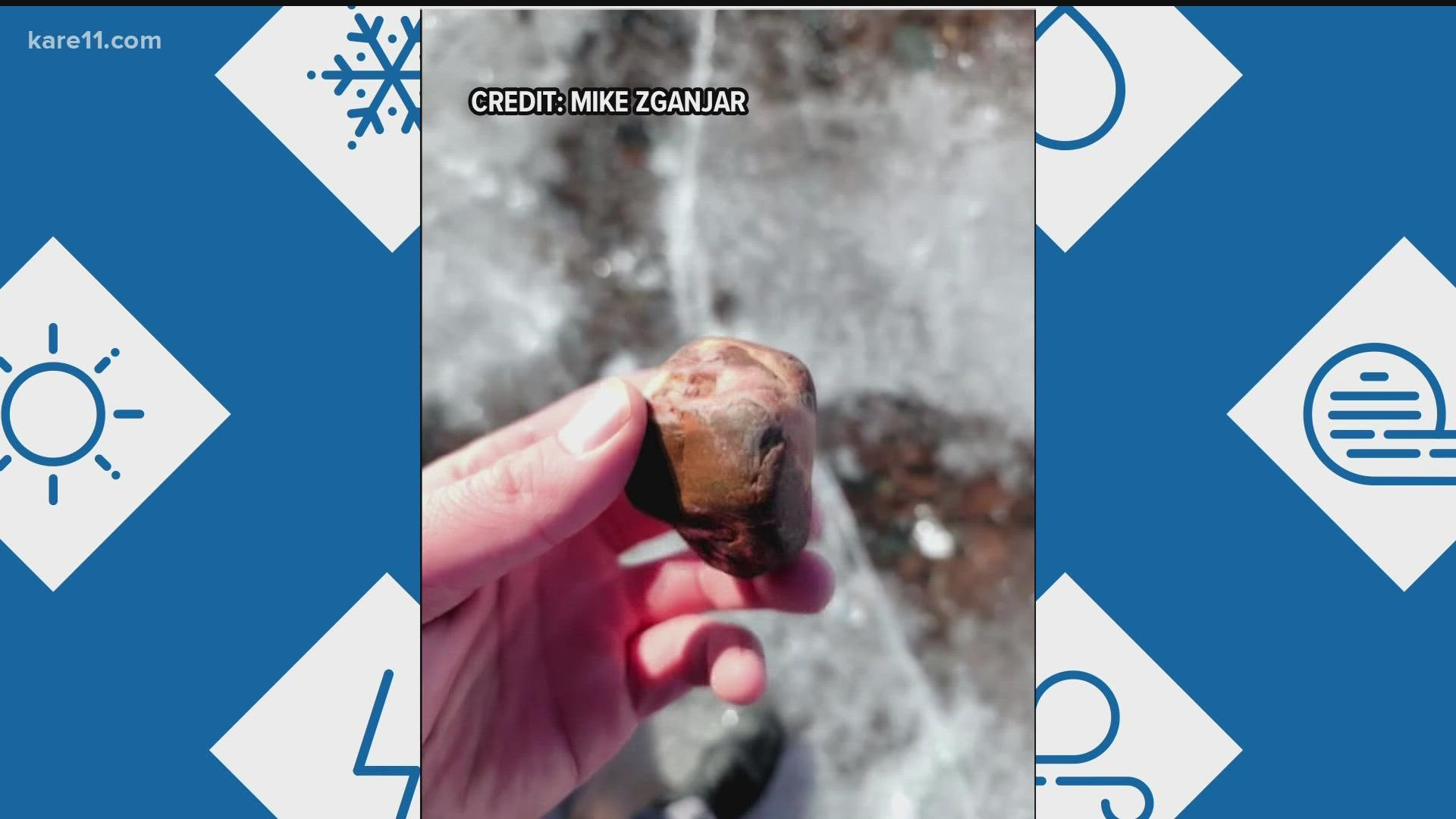With just a hatchet, his hands and years of ice fishing experience, Mike Zganjar found about a dozen agates on a recent walk along the ice.