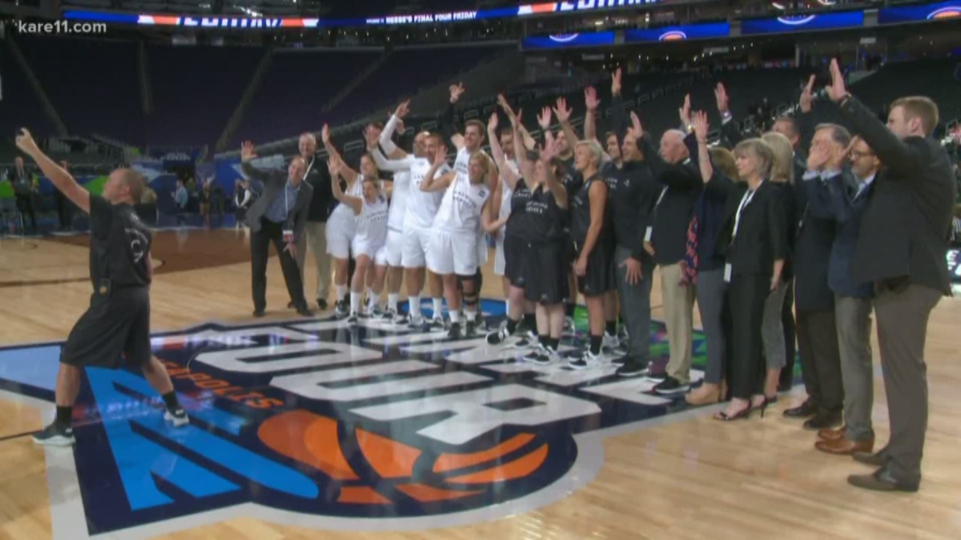 Cancer survivors, doctors and caregivers get on the Final Four court at U.S. Bank Stadium to try and raise awareness.