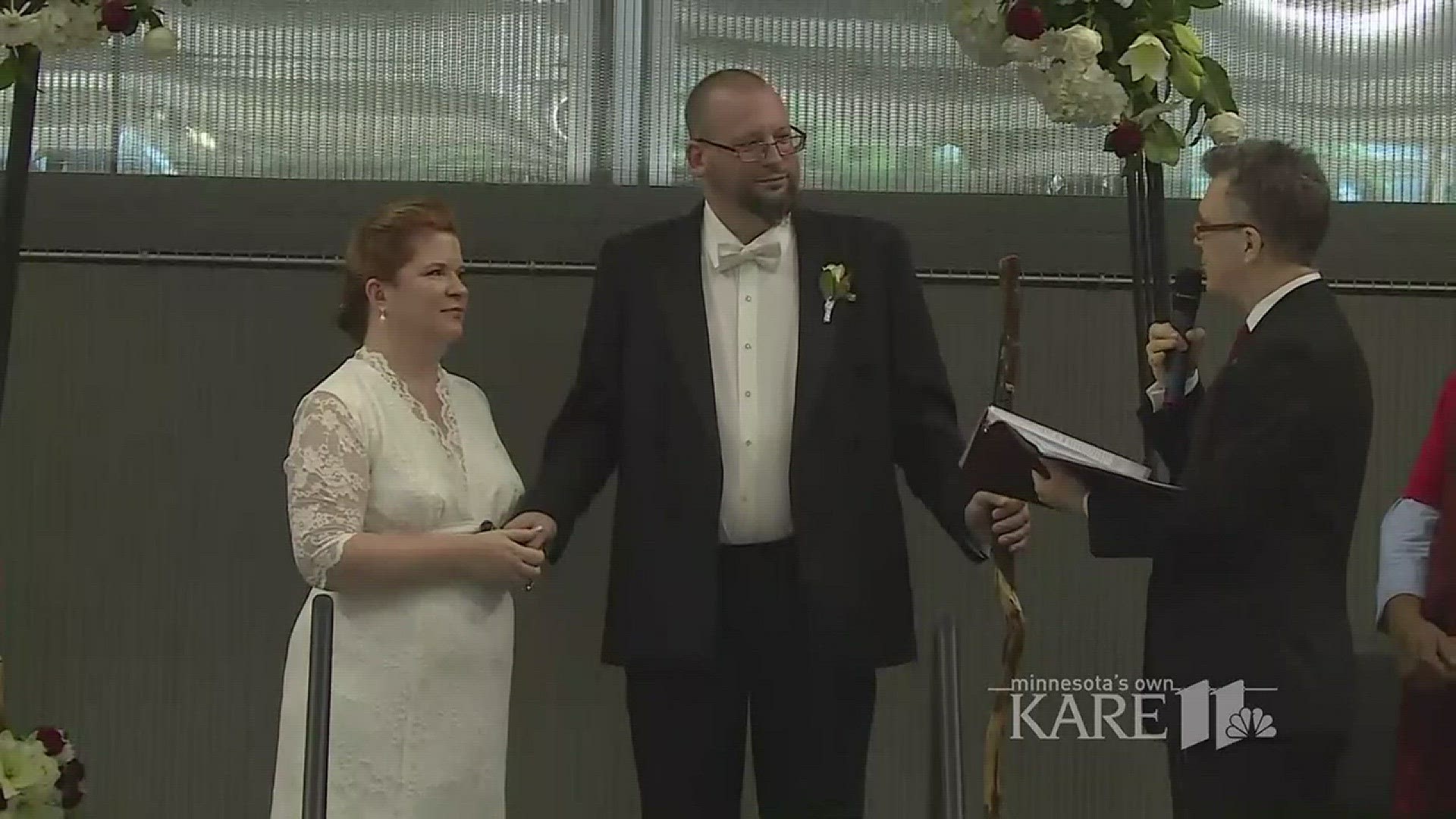 A Minnesota couple who began their life together through an arranged marriage nearly 20 years ago renewed their vows Friday.