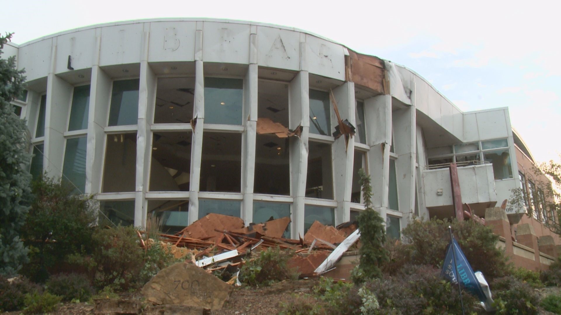 Portions of the library's collection may need to be replaced after the storm knocked out windows and damaged the building.