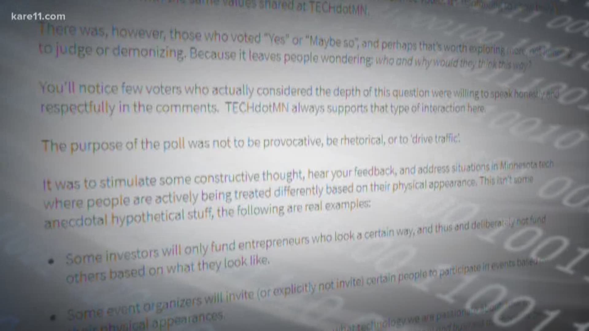 A poll on Tech.MN asked its readers, "Should Minnesota techies be treated differently based on their appearance?" Some members of the Minnesota tech community expressed outrage. https://kare11.tv/2xQrgbh