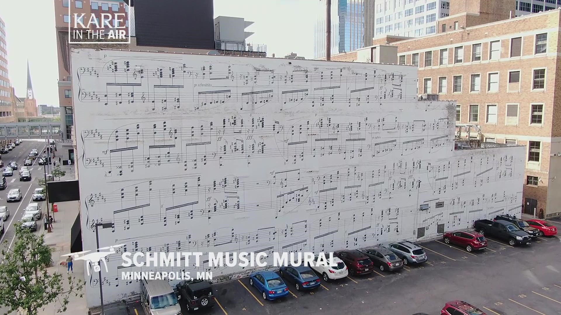 Our drone series continues its mural tour with visits to two pieces of giant art in downtown Minneapolis: The Music Wall, and Gluek's Venice mural.