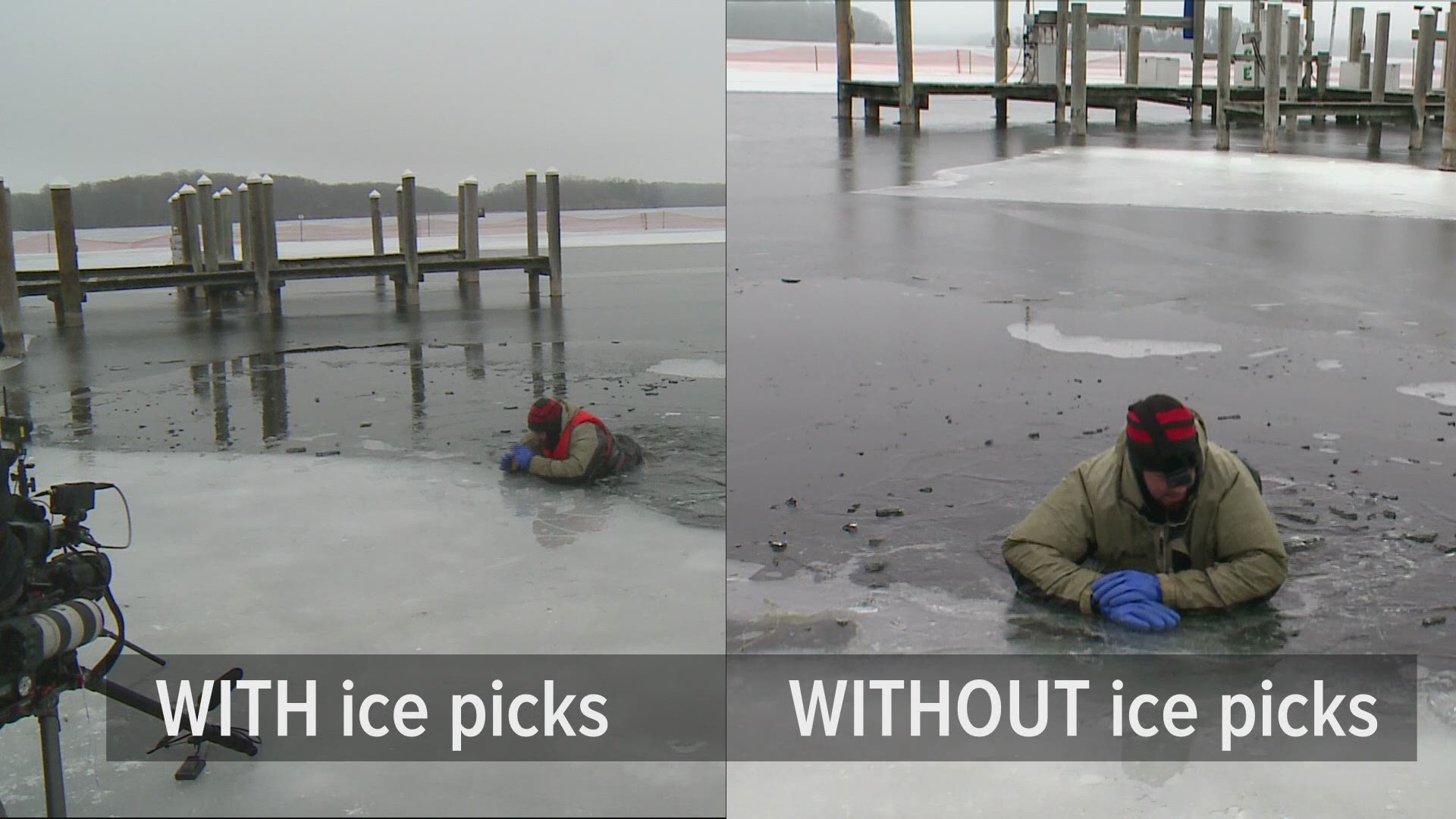 A video comparison of getting out of the ice with ice picks and getting out without them.