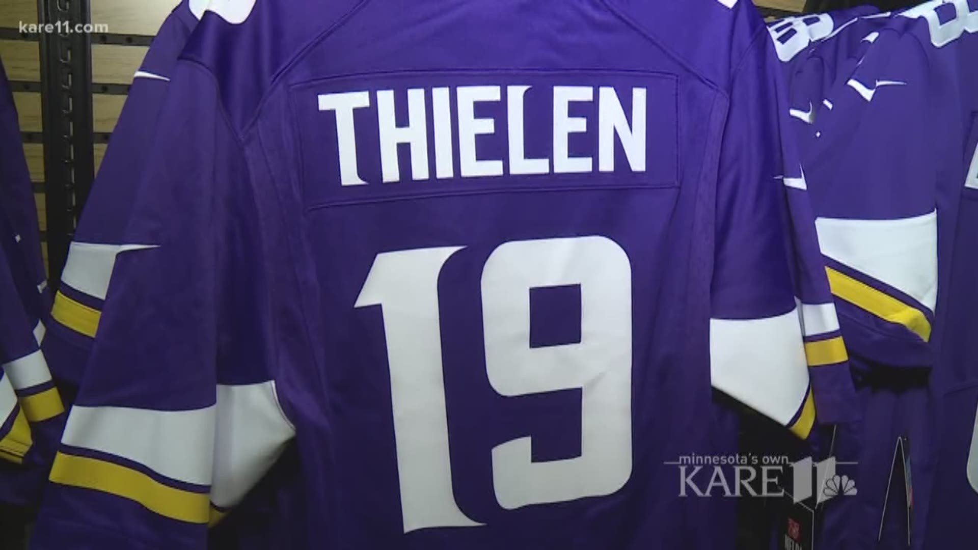 A trip to Mankato where Adam Thielen played in college to see how jersey sales are doing.