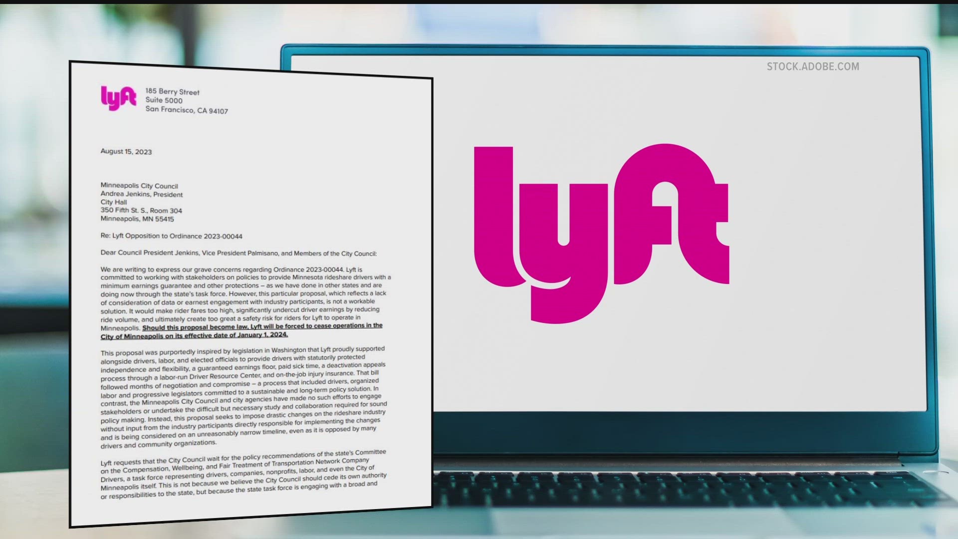 Lyft told riders it would "be forced to stop operating in Minneapolis" on Jan. 1 if the City Council passes a rideshare ordinance Thursday and the mayor signs it.