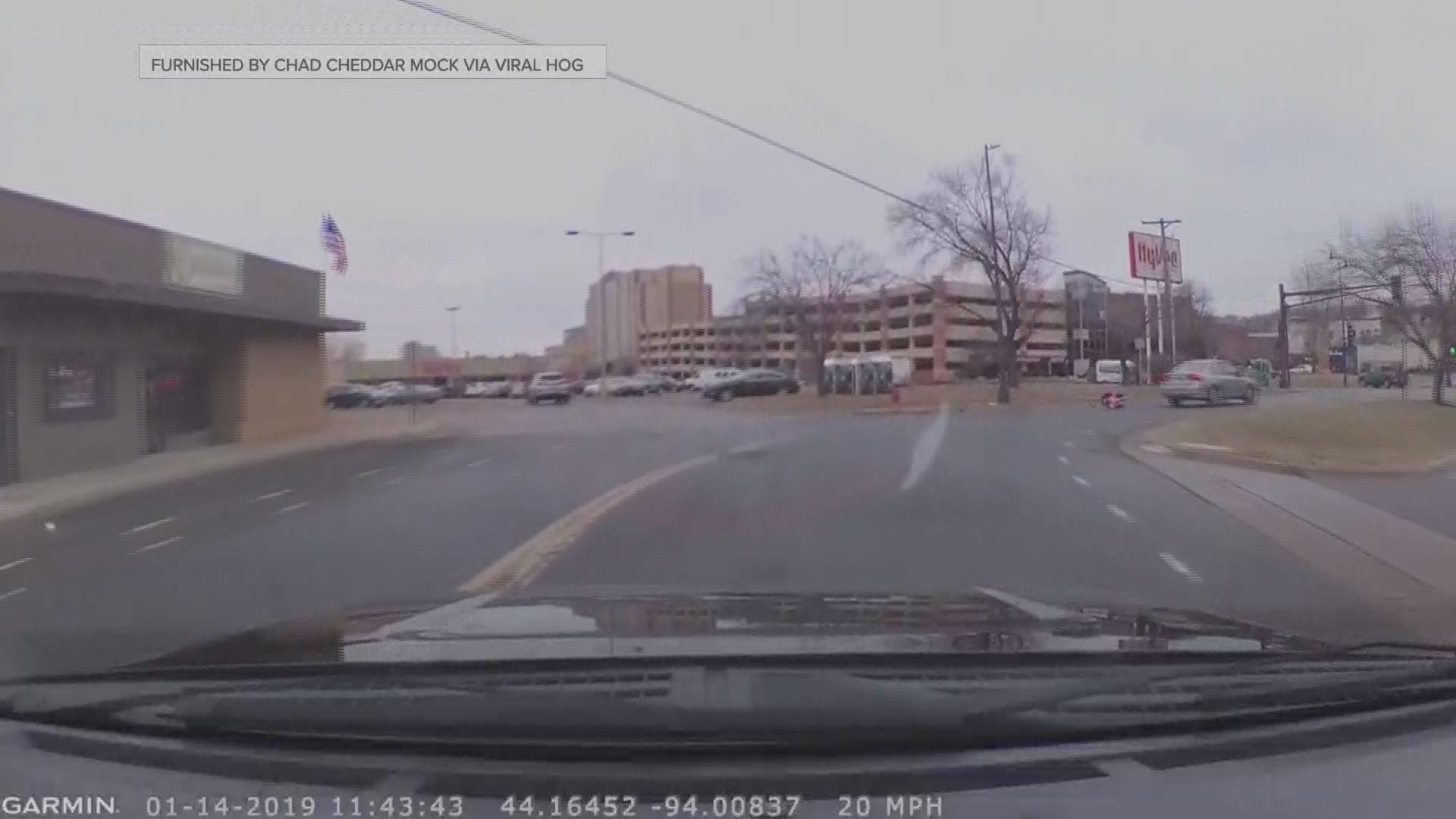 Dash camera video captured the moment the car seat and toddler rolled out of the vehicle which was turning a corner on a street in Mankato and kept going Monday. (Video courtesy Chad Cheddar Mock via Viral Hog) https://kare11.tv/2RQnavE