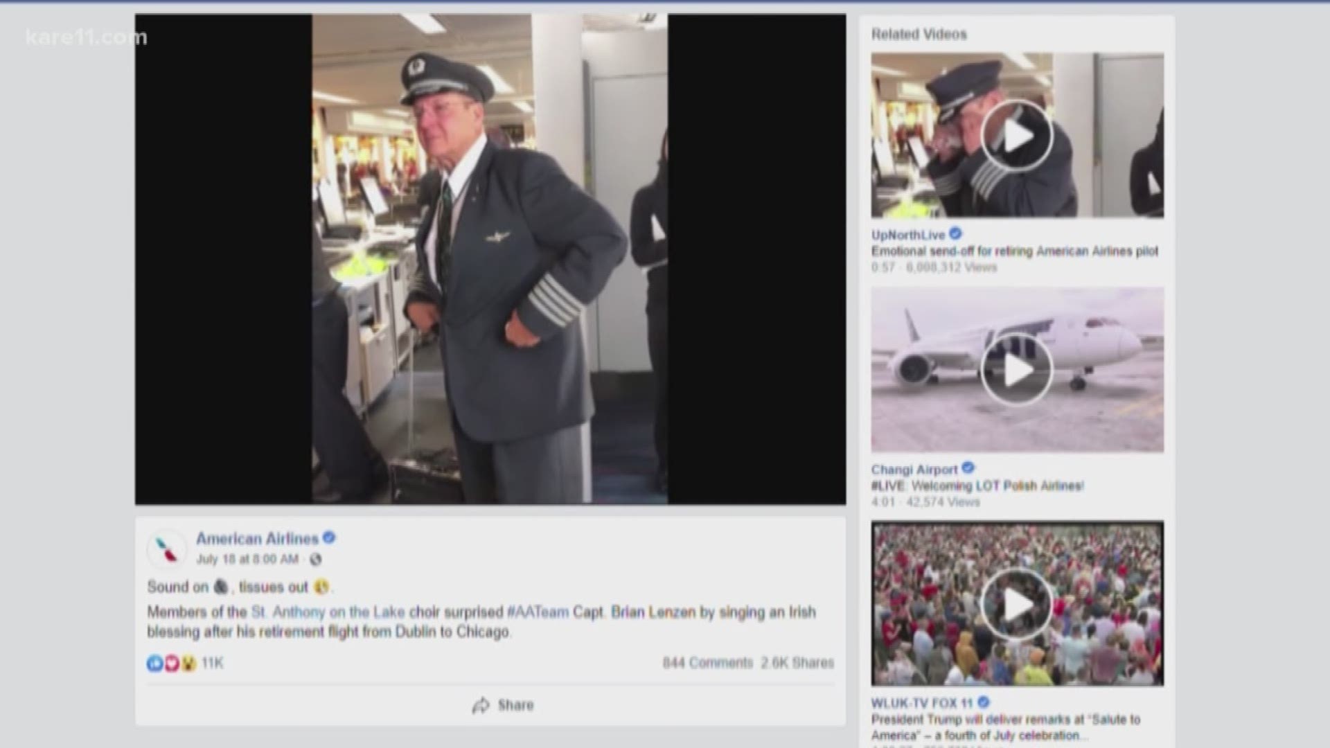 The video of Lenzen listening to the choir, wiping his eyes with a handkerchief, has been shared from the American Airlines page more than 2,600 times.