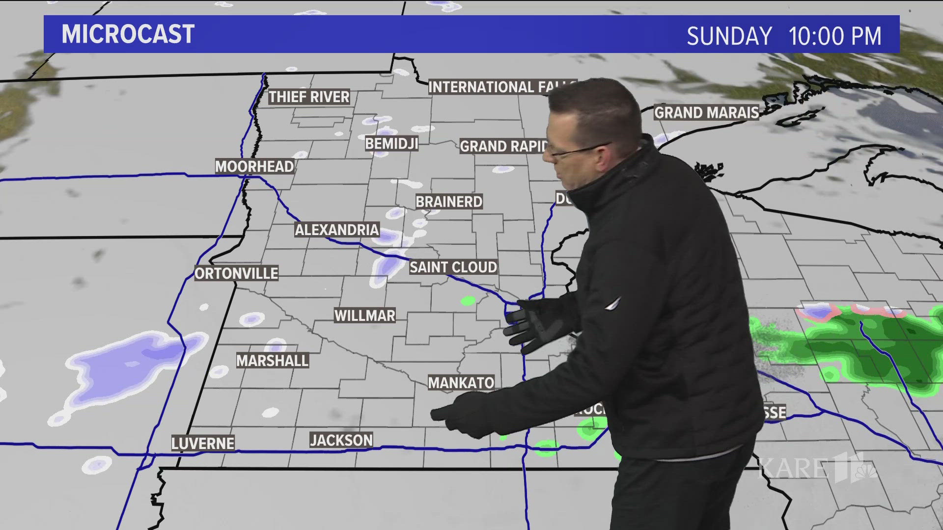 Cloudy skies stick around through Sunday; light showers move in late Sunday through Monday morning. Colder air arrives after Thanksgiving.