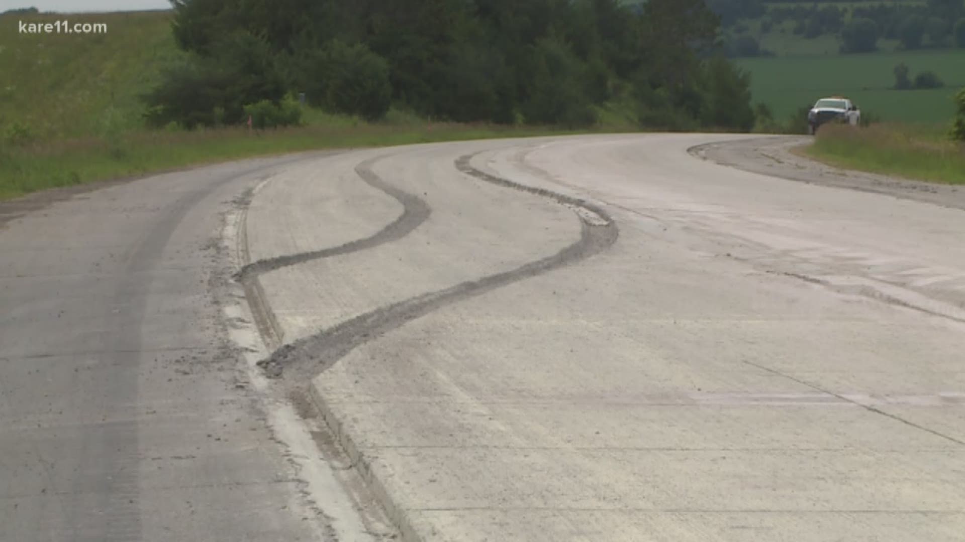 An 800-foot stretch of Highway 63 north of Rochester is ruined after a 95-year-old man drove through wet concrete. Repair estimates top $100,000. https://kare11.tv/2tNAMLc