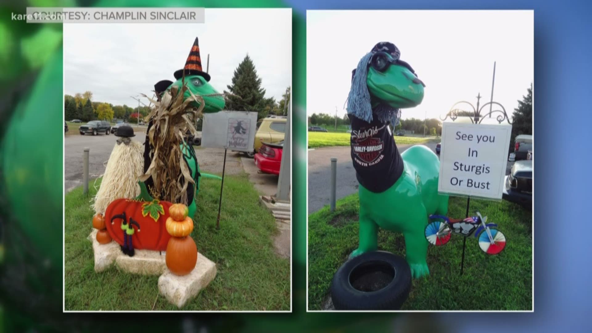 About 10 years ago, Diana Merkl started dressing up the Sinclair dinosaur outside her work.