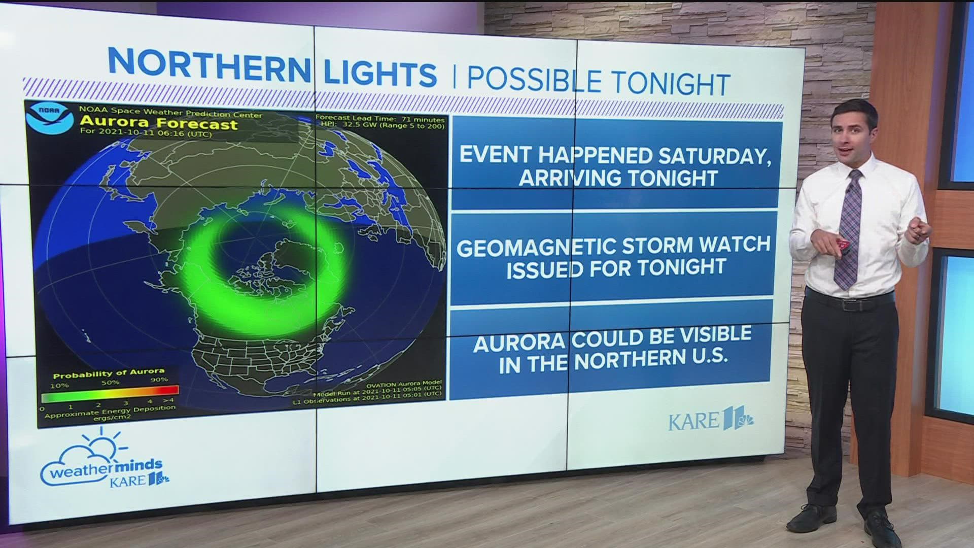 A geomagnetic storm has the potential to bring visible northern lights to the northern United States Monday night. KARE 11's Ben Dery explains.