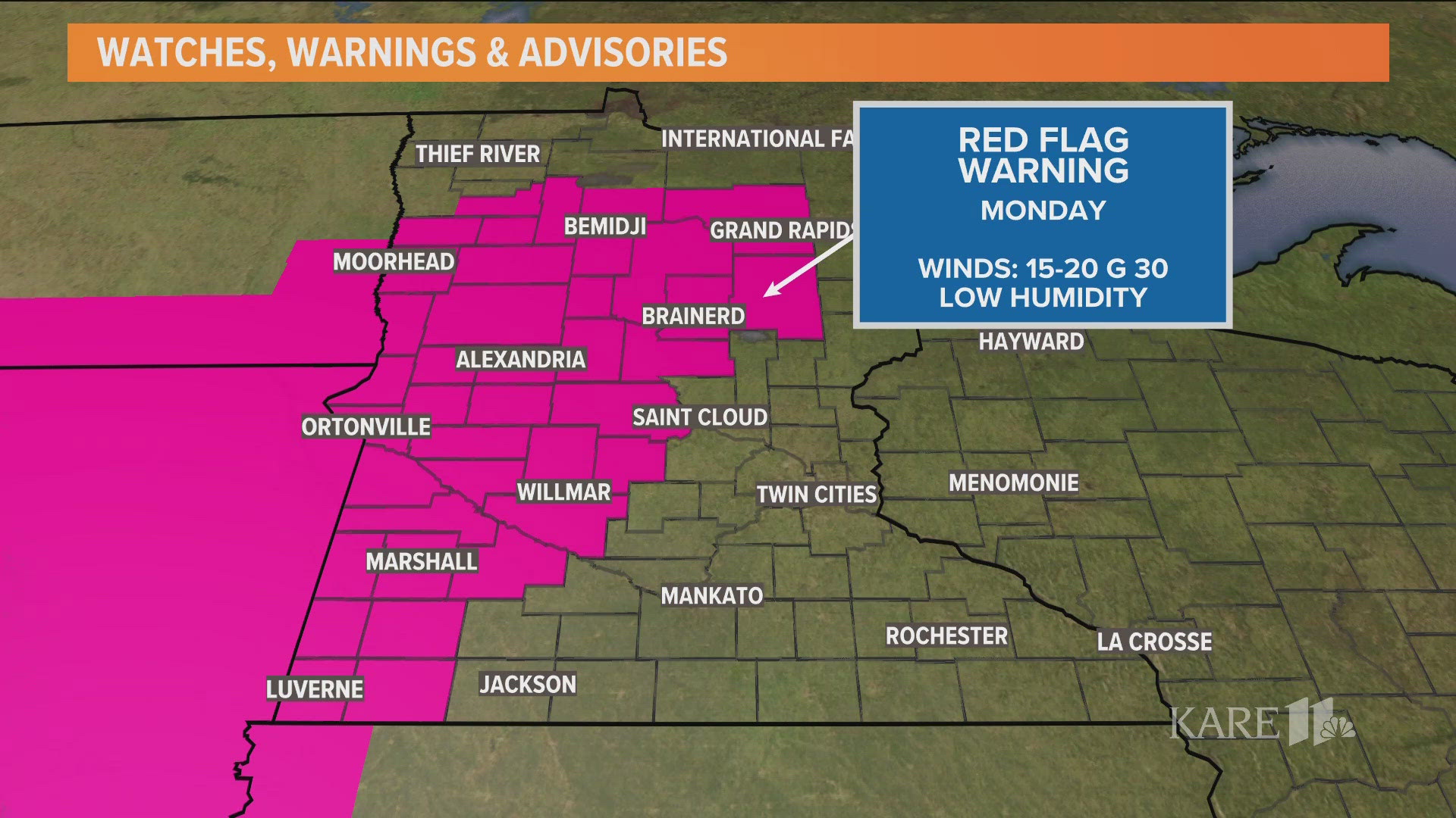 The National Weather Service says conditions Monday will create an extreme risk of Wildfires in some areas of Minnesota.