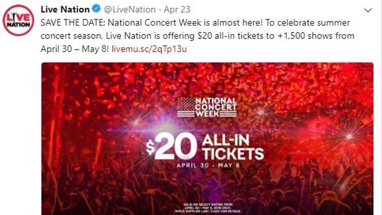 Live Nation selling $20 concert tickets