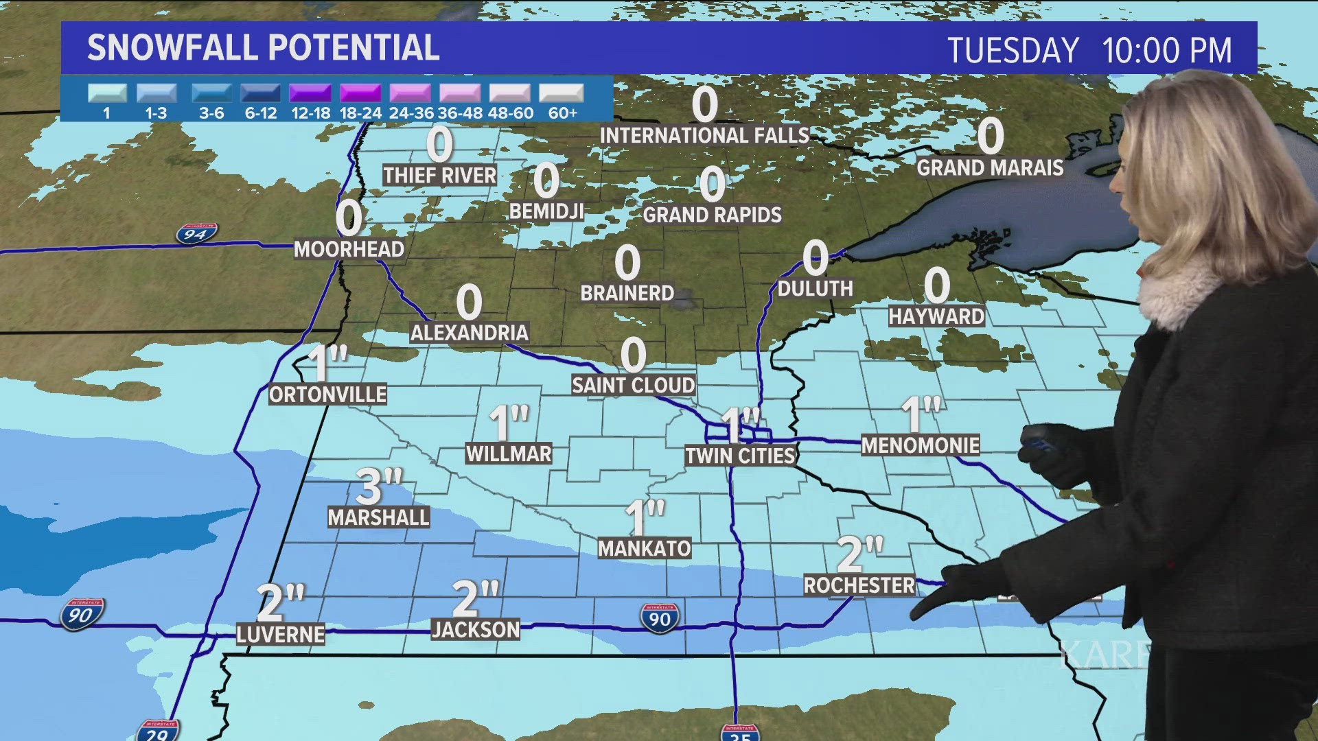 A blustery night with mostly cloudy conditions, light snow expected late Tuesday and then a bigger system arriving on Thursday.