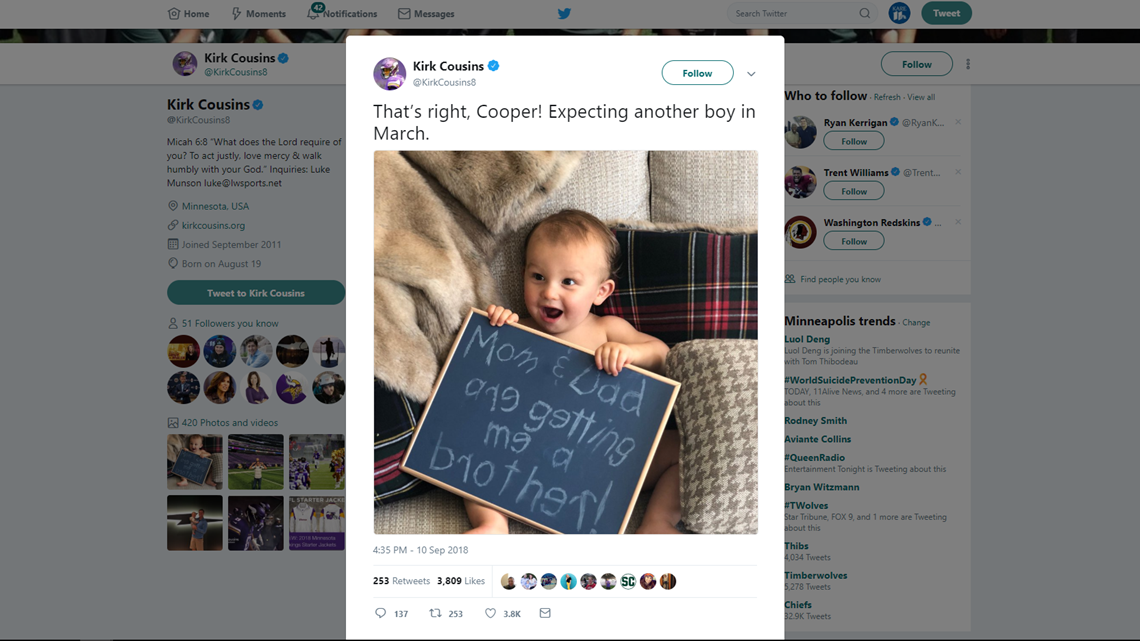 Gender Reveal Kirk Cousins And Wife Are Having A 
